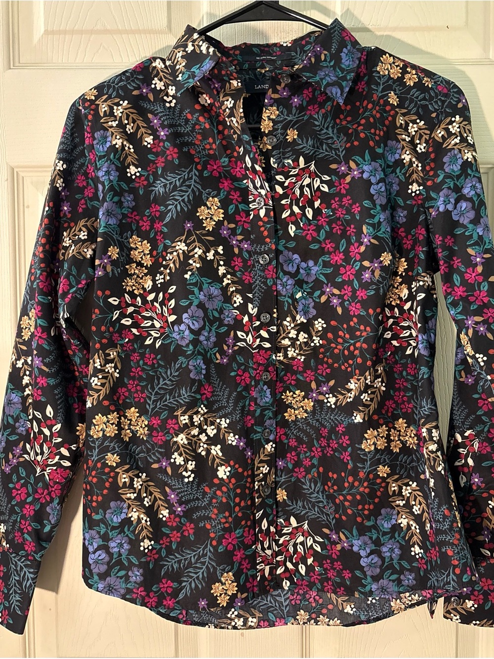 Lands' End Black Floral Button-Down Shirt - Size 4 Petite